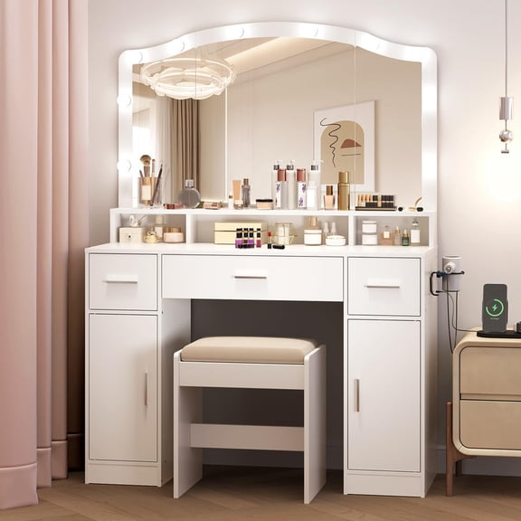 TROPOW Makeup Vanity Desk with LED Lights and Stool, Complete Dressing Table with 3 Drawers, 2 Cabinets & Long Shelf, Storage Organizer for Bedroom, Women and Girls,White