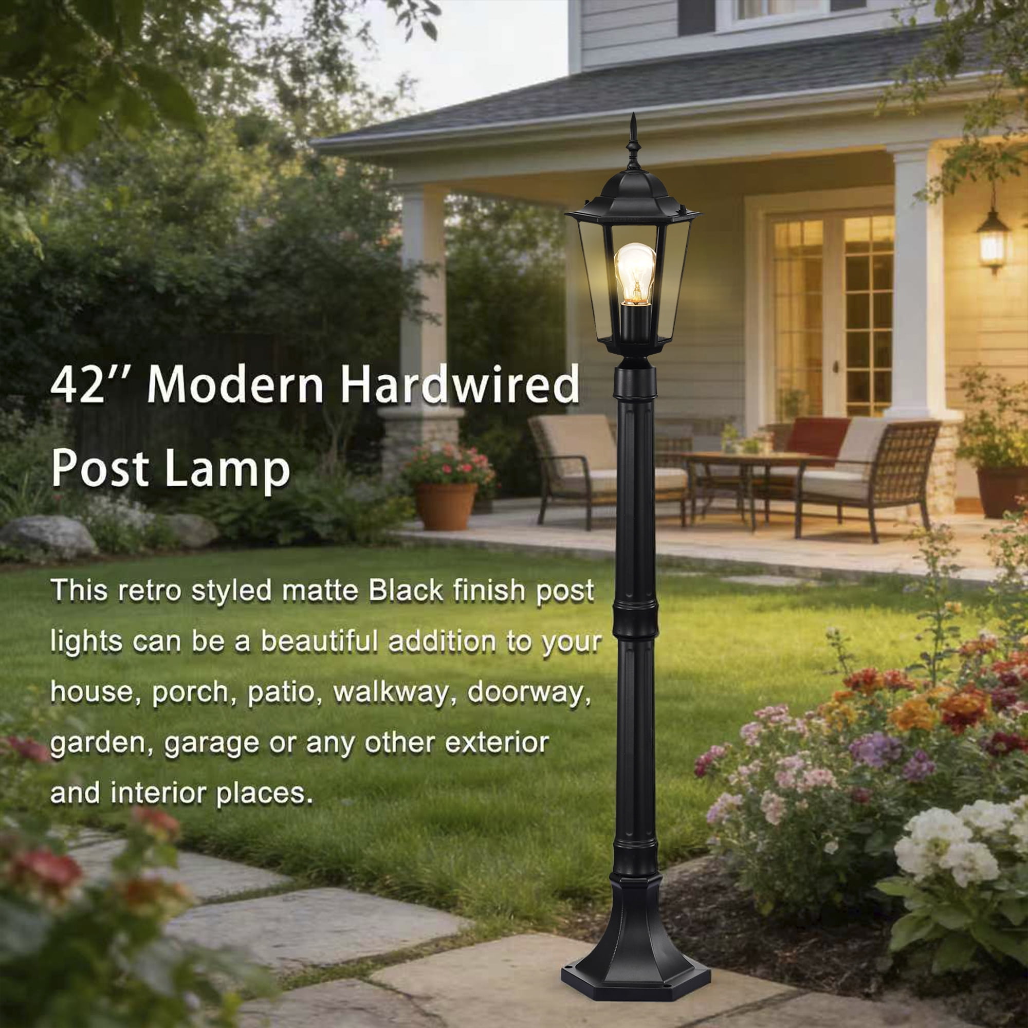 Outdoor Lamp Post Light 42", Adjustable Height Waterproof Post Light Fixture with ClearGlass, Aluminum Outdoor Pole Light for Yard, Garden & Driveway
