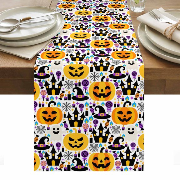 Halloween Table Runner - 36 Inch Long, Kitchen Dining Table Runner Dresser Scarves, Cute Ghost Pumpkin Candy Castle Cartoon Farmhouse Decor for Coffee Tables Wedding Party Banquet