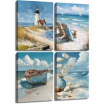 4Pcs Blue Coastal Wall Art Ocean Bathroom Wall Decor Pictures Lighthouse Boat Chair Flower Canvas Poster Prints for Bedroom Bathroom Home Office Decoration Unframed