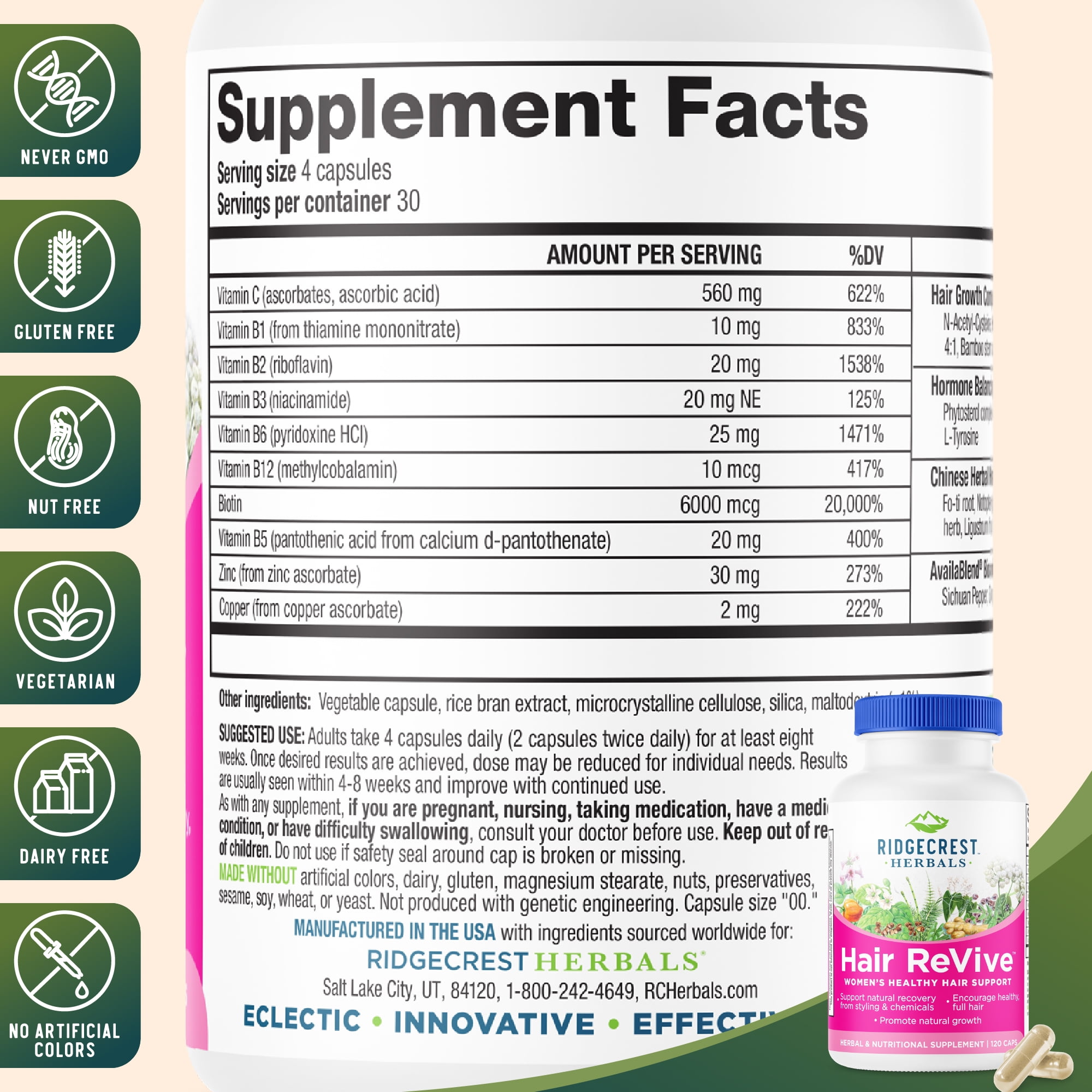 RidgeCrest Herbals Hair ReVive, Nutritional Hair Supplement with Vitamin C, Biotin, Zinc, and Copper, Hair Vitamins for Women to Support Healthy Hair, Skin, and Nails (120 Caps, 30 Serv)
