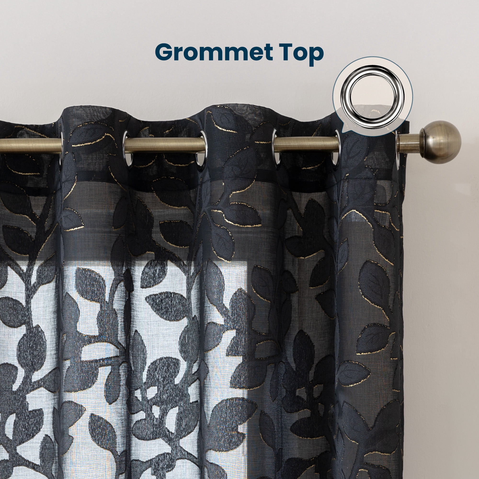 Sleep Zone Sheer Curtains Light Filtering Golden Edged Floral Gentle Window Treatment Drapes for Bedroom Living Room 2 Panels, 52" x 84" Black