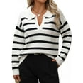 thumbnail image 3 of Women'S Striped Sweater Trendy V Neck Long Sleeve Knit Pullover Loose Jumper Tops Knitwear White M, 3 of 9