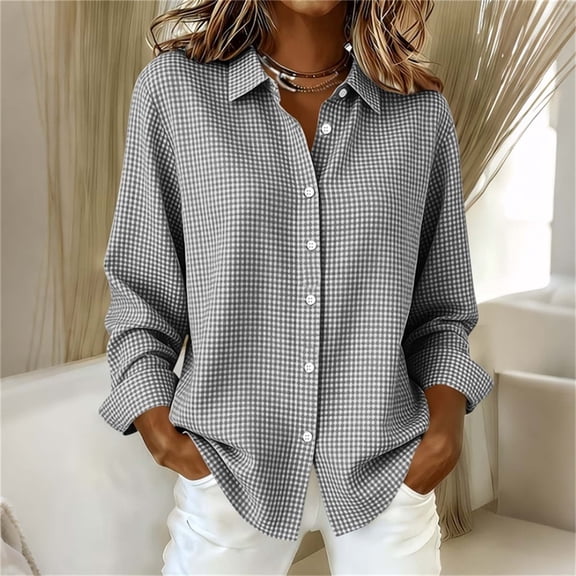 Wovilon Women's Gingham Check Button-Down Long Sleeve Shirt with Relaxed Fit, Collared Curved Hem Design for Spring Casual Office Work and Vacation Travel