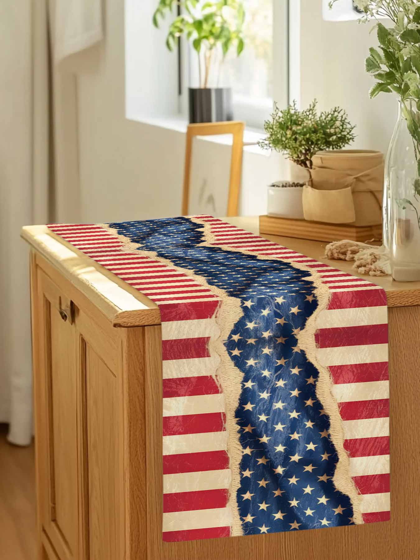 4th of July Patriotic Star Stripe Table Runner 90 Inches Long, Retro USA Flag Memorial Day Table Runners Tabletop Scarf Kitchen Dining Tables Decoration for Home Party Indoor Outdoor