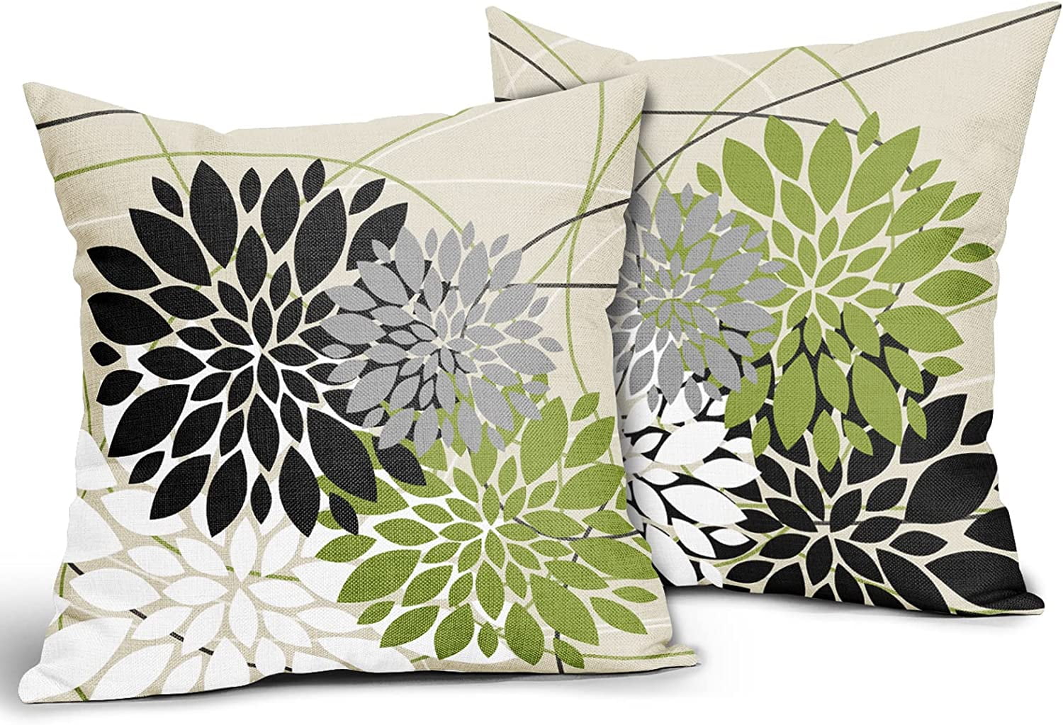 Black Green Pillow Covers 20x20 Inch Dahlia Flower Decorative Throw Pillows Modern Geometry Floral Outdoor Farmhouse Pillowcase Linen Square Cushion Case Decor for Home Sofa Couch Bed, Set of 2