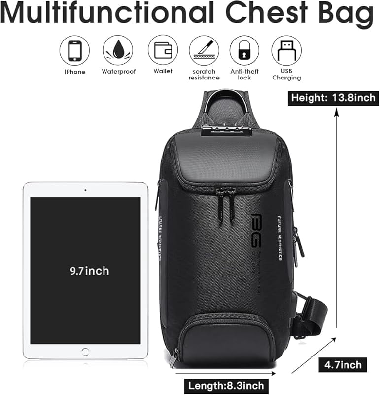 BANGE Anti-Theft Sling Backpack with Lock & USB Charging Port, Unisex Casual Crossbody Bag for Multiple Occasions,Black