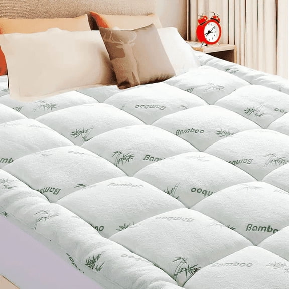 Oaskys Portable and Foldable King Queen Twin Size Mattress Topper, Breathable Bamboo Fiber Cooling Sleeping Mattress Pad Cover, White & Black