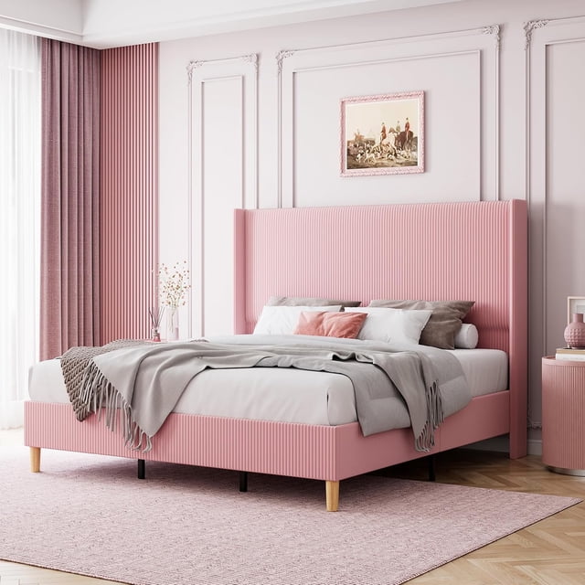 Full Size Bed Frame, Upholstered Platform Corduroy Bed Frame with Vertical Channel Tufted Wingback Headboard, Strong Wooden Slats Support, No Box Spring Needed, Easy Assembly, Pink
