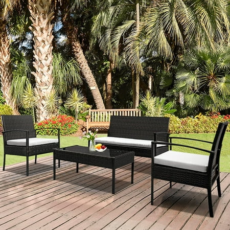 Wicker Patio Sets SEGMART 4 Piece Outdoor Conversation Set with Wicker Chairs Loveseat Sofa Glass Coffee Table All Weather Rattan Patio Furniture Sets for Yard Porch Garden Poolside LL903