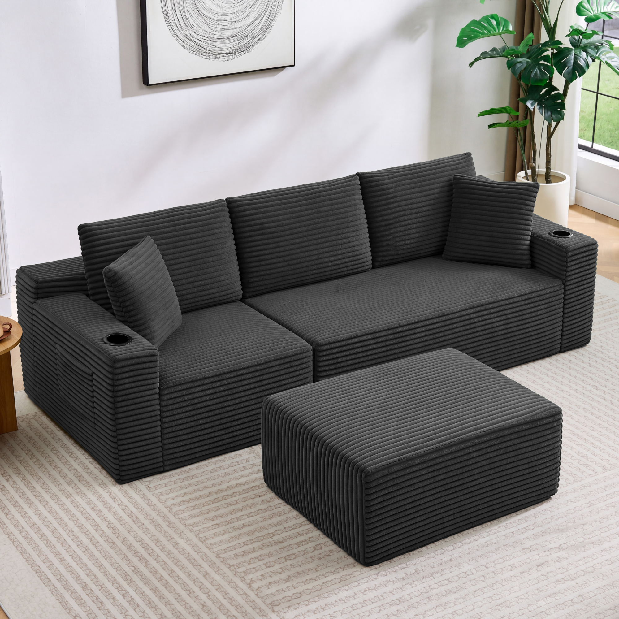 HOQBN L-Shaped Sectional Sofa with Ottoman, Corduroy 3-Seat Couch, Modern Modular Sofa for Living Room Dark Gray
