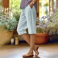 thumbnail image 5 of Josdec Women's Casual Striped Linen Bermuda Shorts Elastic High Waist Straight Leg Knee Length with Pockets for Summer Daily Beach Wear, 5 of 7