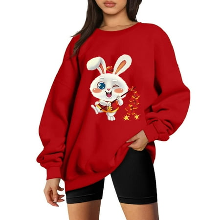 

Zedker Fall Tops for Women Shirts for Women Trendy Women s Casual Classic New Year Rabbit Fashion Sweater Crew Neck Long Sleeve Hoodless Loose Sweater Top