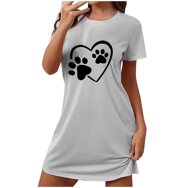 Funicet Shorts pour Femmes, Robe pour Femmes, Chemise de Nuit Courte Surdimensionnée Imprimée Col Rond et Manches Courtes, Robe d'Été Aguichant pour Femmes, Robe à Manches Courtes pour Femmes