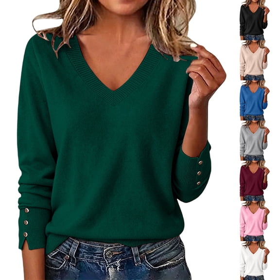 Knit Sweaters for Women, V Neck Long Sleeve Pullover Tops with Soft Fabric, Loose Casual Layering Blouse, Fall Winter Wear | VerBelle,Black L