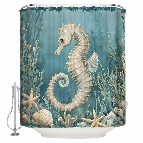 60x72 Inch Shower Curtains for Bathroom Coastal Seahorse Blue Green Fabric Bath Curtain Decor Summer Ocean Starfish Coral Waterproof Restroom Curtains Shower Set Accessories with 12 Hooks 60 Inch