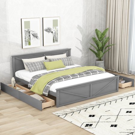 CoSoTower King Size Wooden Platform Bed with Four Storage Drawers and Support Legs  Gray
