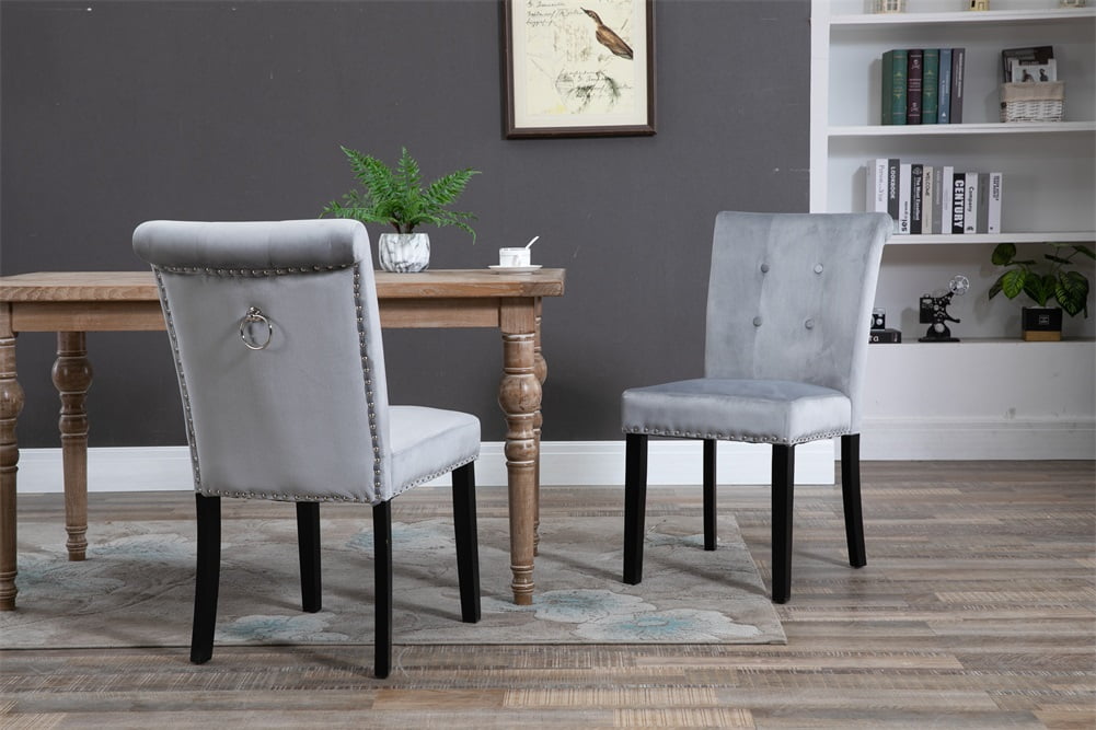 Lowestbest Velvet Fabric Home Chair, Dressing Stool Two Sets, Rubber Wood Legs Cushion Raw Cotton, Silver Gray