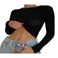thumbnail image 2 of Women Slim Fit Backless T-Shirt Solid Color Long Sleeve -Neck Crop Tops Basic Tee Streetwear, 2 of 6