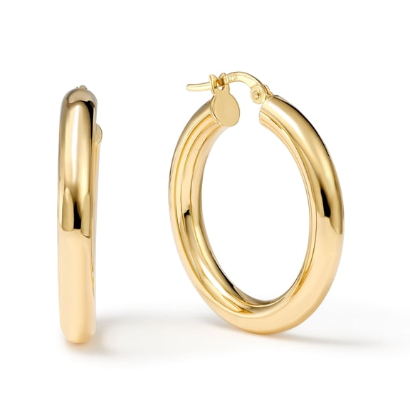 14K Yellow Gold Round Gold Hoop Earring for Women | High-Polish, 1 Inch Diameter, Chunky (4mm)| Real Gold, Stamped for Authenticity