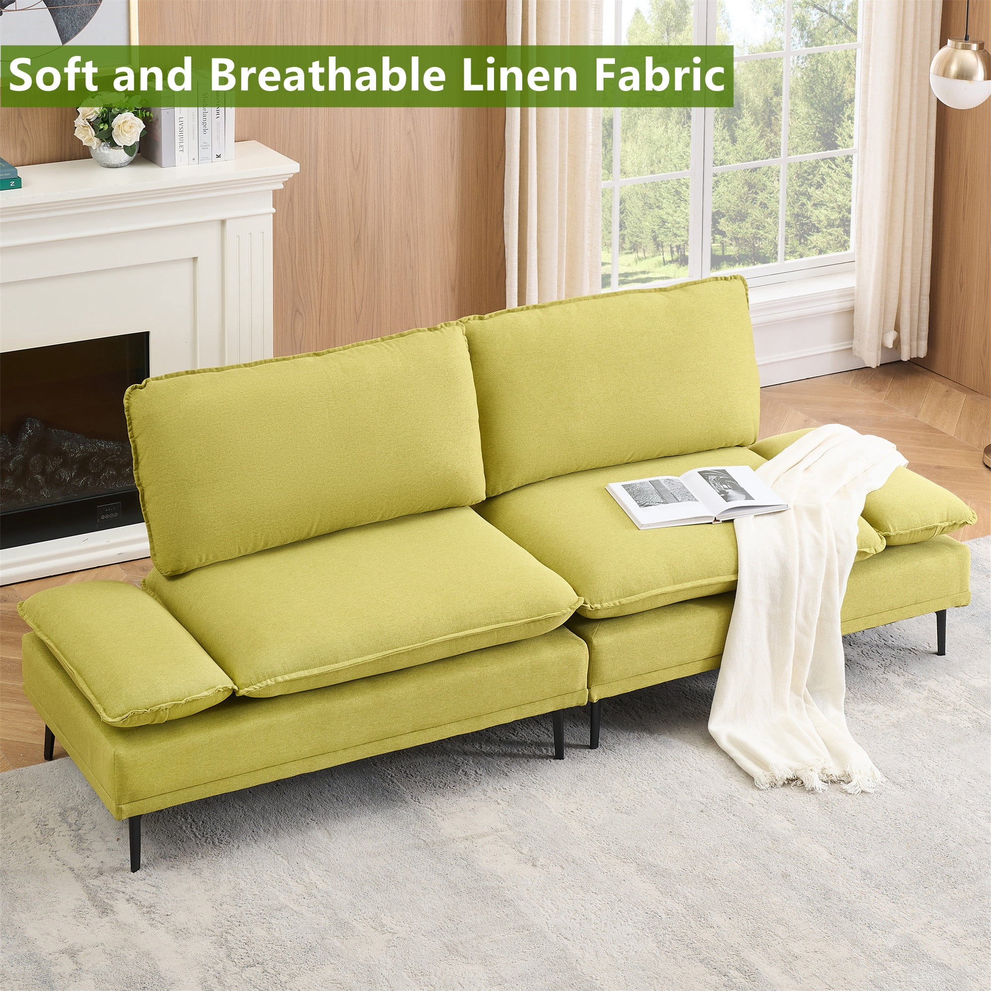 Aukfa 91" Modern Comfy Sofa Adjustable Armrest 3 Seat Deep Seat Couch for Living Room, Linen, Green