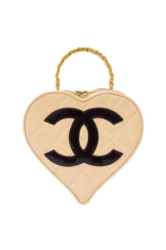 Pre-Owned Chanel handbag for women, brand name, Matelass enamel heart vanity bag, beige, gold...