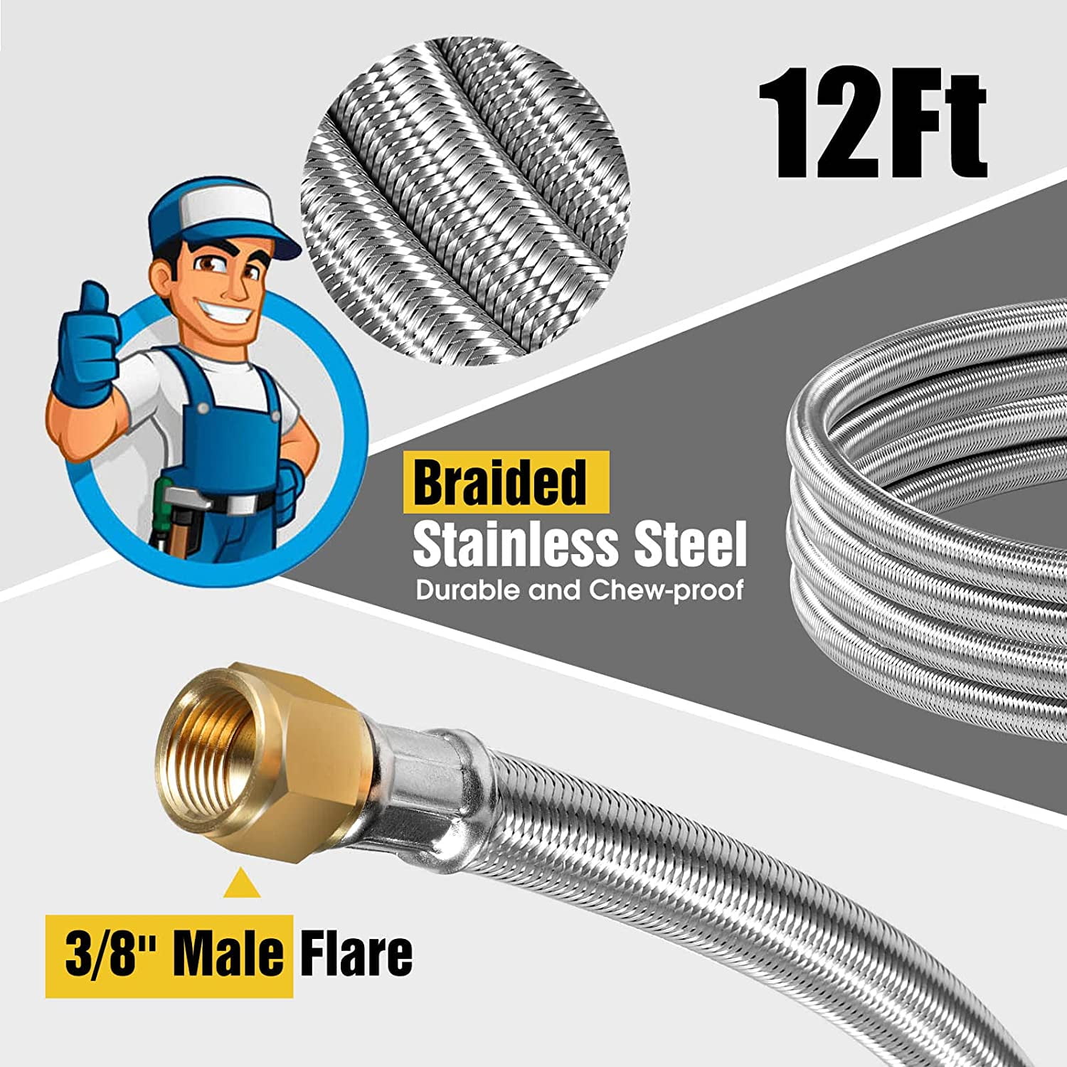 Upgraded 12ft High Pressure Braided Propane Hose Extension with Conversion Coupling 3/8" Flare to 1/2" Female NPT, 1/4" Male NPT, 3/8" Male Flare for BBQ Grill, Fire Pit, Heater