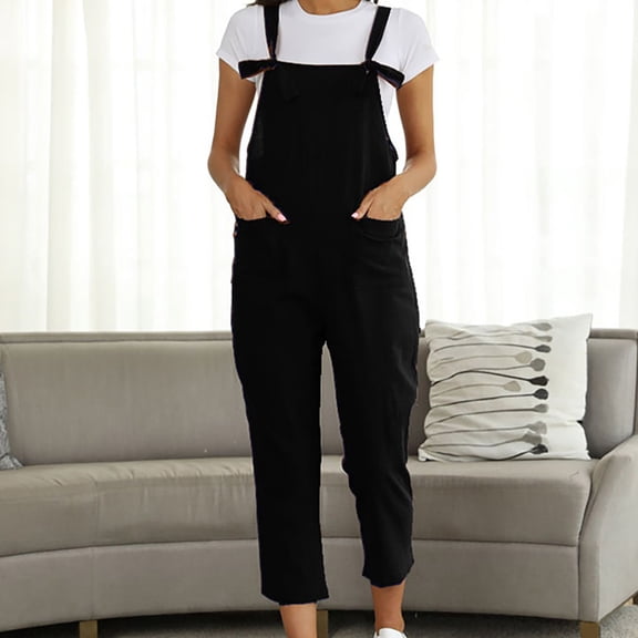 ClodeEU Women's Cropped Bib Overalls with Pockets,Adjustable Spaghetti Strap Jumpsuit for Summer Black,Women's Plus L