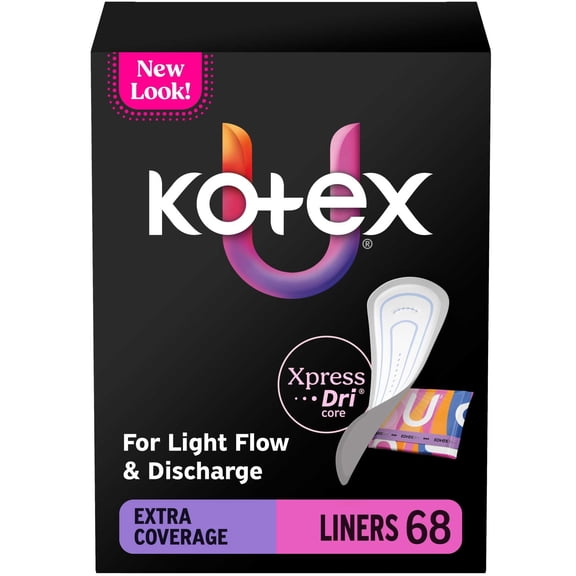 Kotex Absorbent Wrapped Liners, Light Absorbency, Extra Coverage, 68 Count