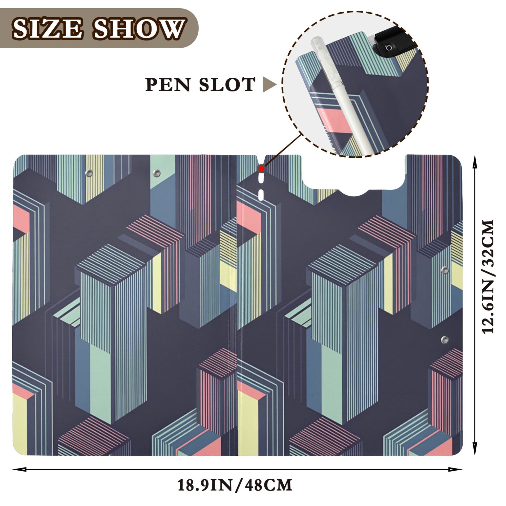 FORMRS A4 Clipboard Folder with Pen Holder Horizontal Foldable School Office Binder, Cube Stripes