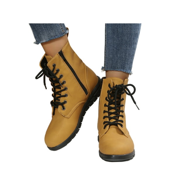 Woobling Womens Comfortable Ankle Boots Work Lace Up Boot Slip Resistant Leather Booties Yellow 7