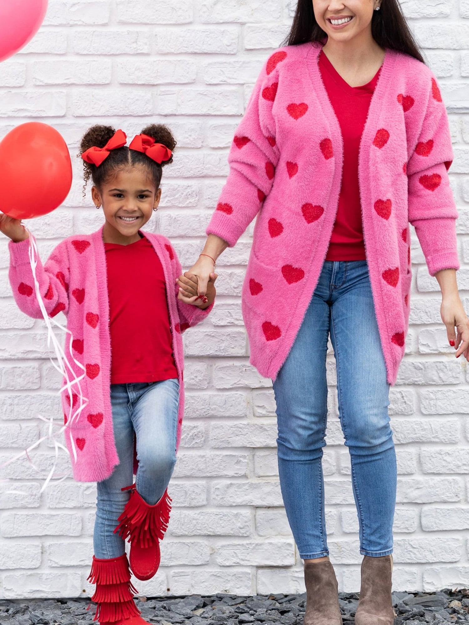 Gwiyeopda Family Matching Long Sleeve Open Front Long Cardigan Sweater Heart Mommy and Me Coat