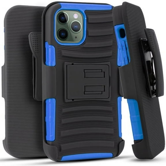 iPhone 11 Pro Case, Dual Layers [Combo Holster] And Built-In Kickstand Bundled with [Tempered Glass Screen Protector] Hybird Shockproof And Circlemalls Stylus Pen-Blue