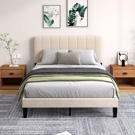Pingliang Home Queen Size Bed Frame with Adjustable Upholstered Headboard&Wood Slats Support,Beige