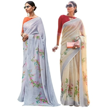 Pack of Two Saree for Women Printed Cotton Silk Indian Wedding Sarees | Diwali Gift Ethnic Sari Combo