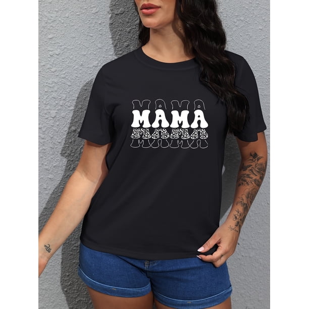 Mother's Day MAMA Print T-Shirt, Casual Crew Neck Short Sleeve Top For Spring & Summer, Women's Clothing