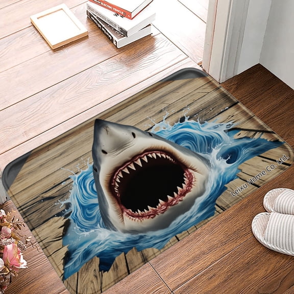 FJPT Non Slip Flannel Polyester Floor Mat Shark Design For Bathroom Kitchen Bedroom Decor 16x24 inch