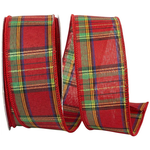 Reliant Ribbon - 92683W-065-09F, Plaid Multi Classic Value Wired Edge Ribbon, Red, 1-1/2 Inch, 10 Yards