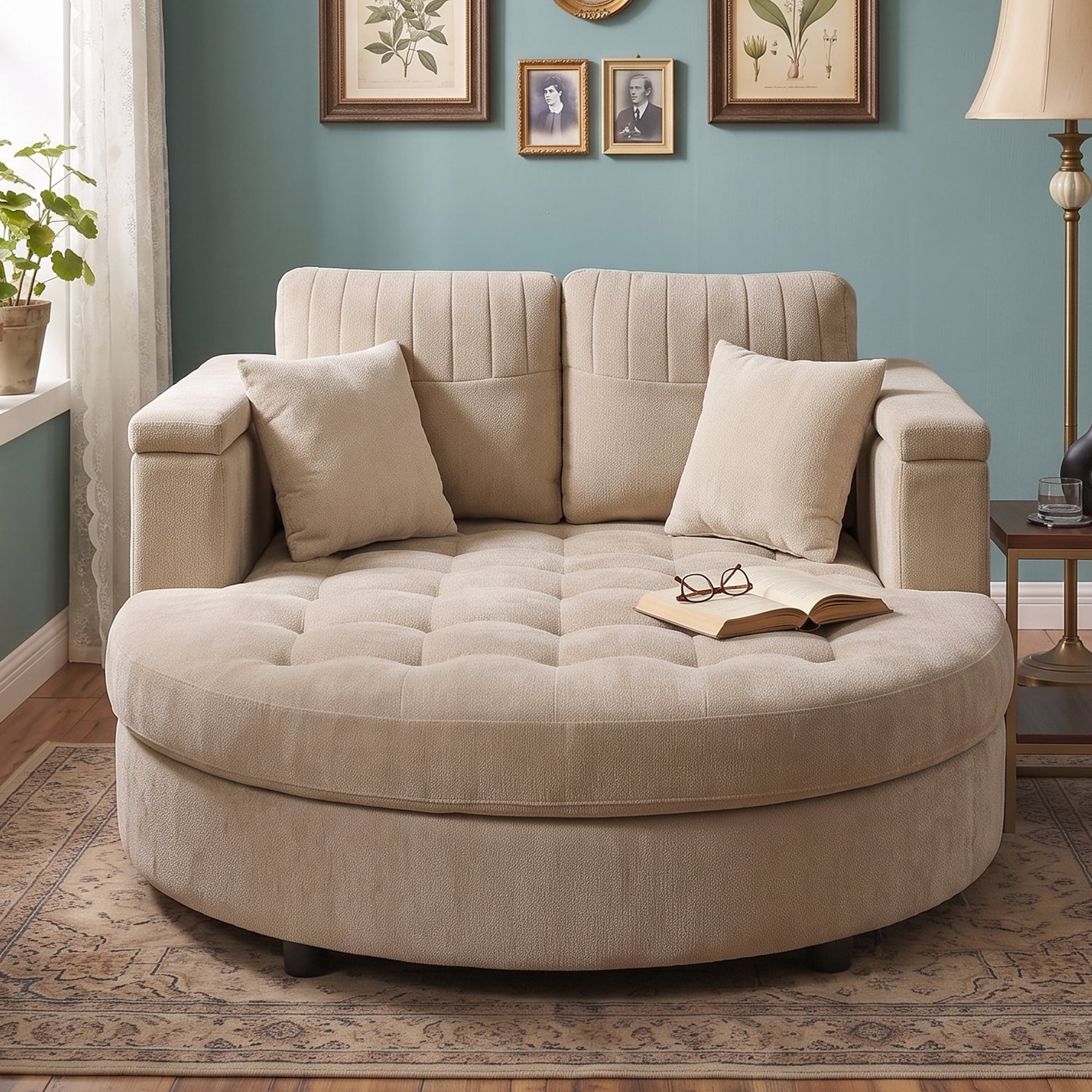 Euroco 66.9" Oversized Chaise Lounge Chair Indoor,Cloud Plush Chenille Floor Sofa Bed with Deep Seat,Storage Arms & Removable Pillows,Modern Upholstered Sofa Couch for Living Room,Khaki