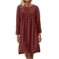 thumbnail image 2 of Brilliant Winter Dresses for Women Women Round Neck Long Sleeved Pleated Solid Cotton Linen Loose Fitting Dress Red 3x, 2 of 8