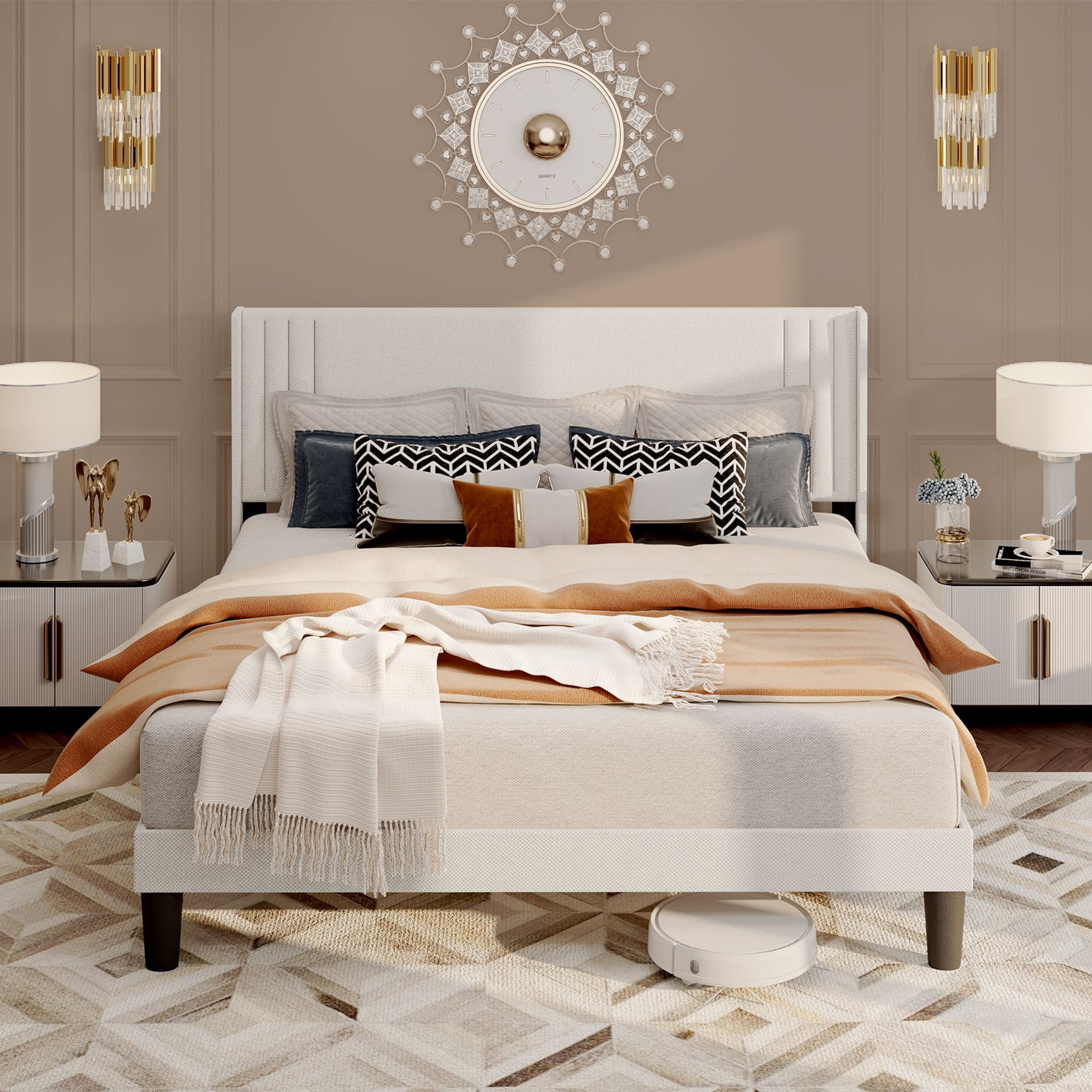 King Platform Bed Frame with Wingback Headboard, Wood Slat Support, Noise-Free, No Box Spring Needed, 850 lbs, White