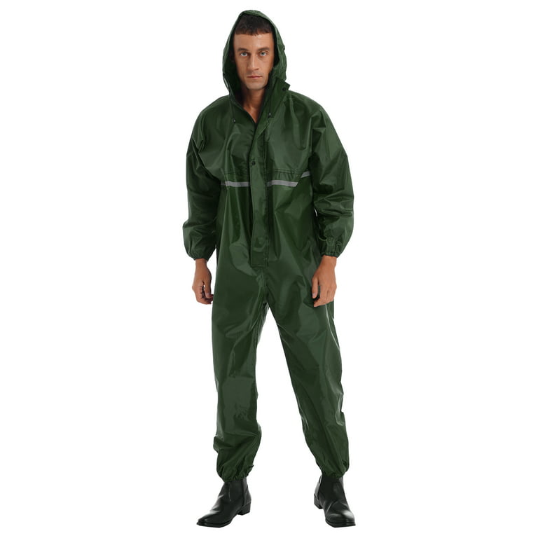 Men Waterproof Coveralls Hooded Rain Suit Reflective Raincoat Jumpsuit  Workwear