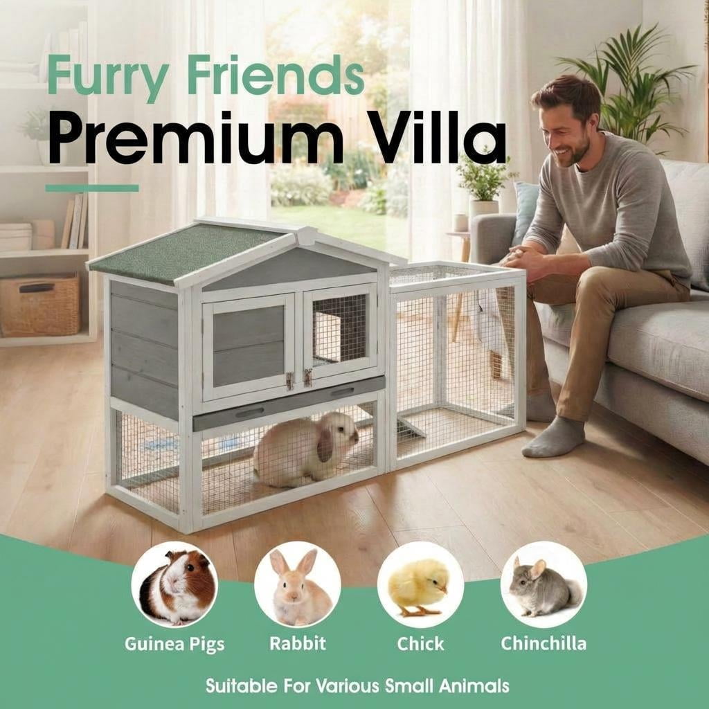 Huisuilinss Wooden Rabbit Hutch,Large Rabbit Cage,Indoor And Outdoor ChickenCoop Expandable With Anti-Chew Metal Frame Ramp,Cleaning Tray & Waterproof Roof For Backyard Small Animals