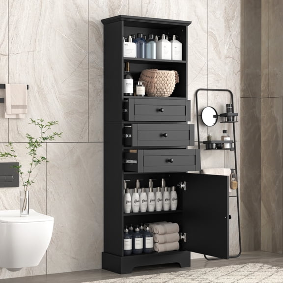 Gzxs 67.3" Tall Bathroom Cabinet, Modern Freestanding Cabinet with 3 Drawers, Adjustable Shelves and Open Storage Space, for Living Room, Kitchen, Black
