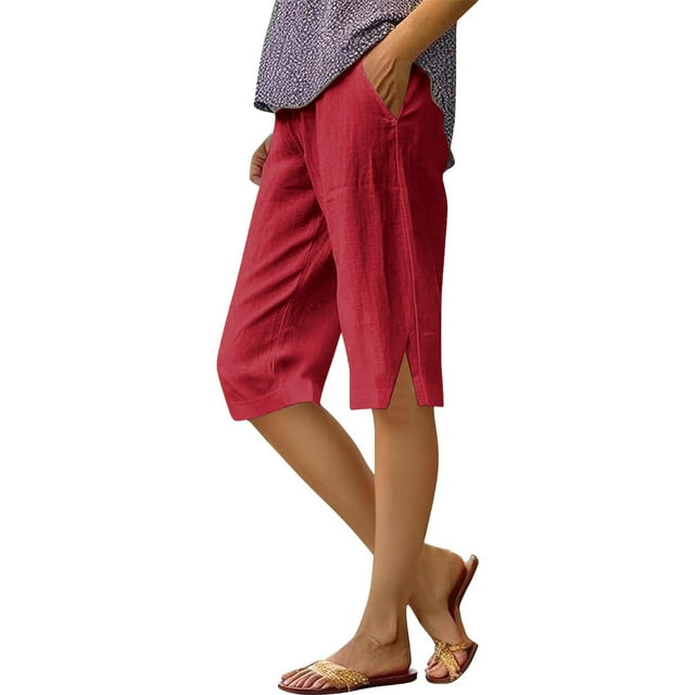 Shorts Décontractés à la Mode pour Femmes avec Fente et Poche en Coton Lin