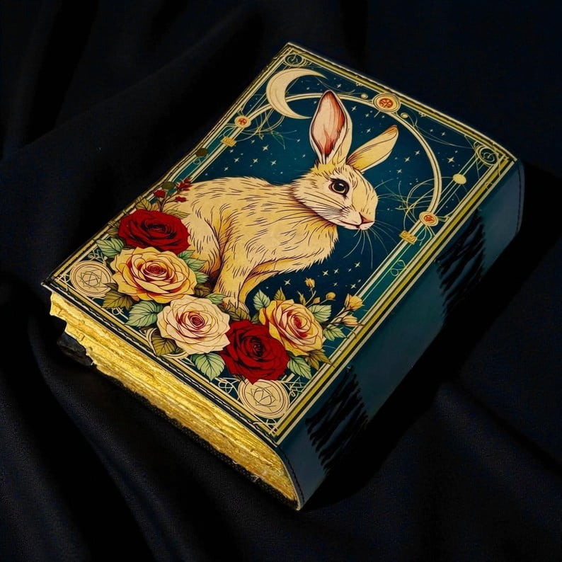 Handmade Leather Journal with Rabbit & Roses Artwork – 5x7 Inch Vintage Notebook, 200 Pages of Handmade Paper, Antique Latch – Writing, Sketching & Gift Diary