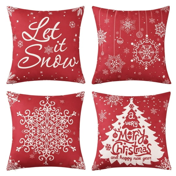 Christmas Pillow Covers 18x18 Inch Set of 4 Farmhouse Red Pillow Covers Holiday Decorations Winter Decorative Throw Pillow Cases Polyester Linen Fabric Pillowcases for Sofa Couch