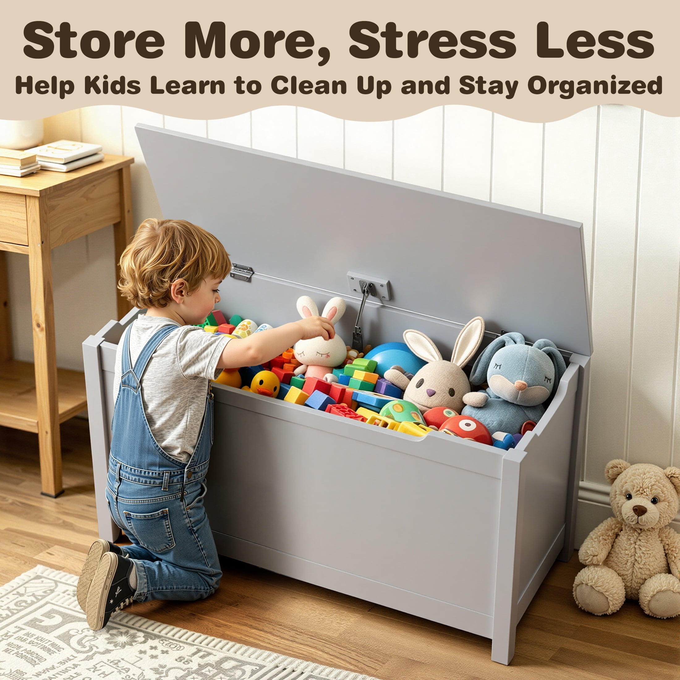 Large Toy Box with Lid, SESSLIFE Wooden Toy Chest and Seating Bench for Boys Girls, Safety Hinged Toy Storage Box, Toy Organizer for Playroom, Bedroom, Nursery, Gray