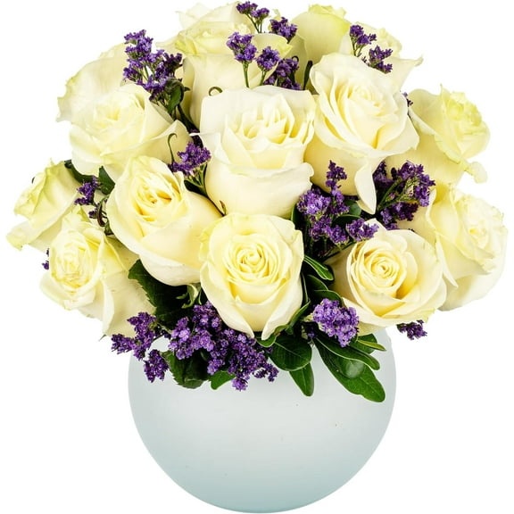 Arabella Bouquets Farm Direct Bouquet of 18 White Roses with Opal Vase Shipped with Water
