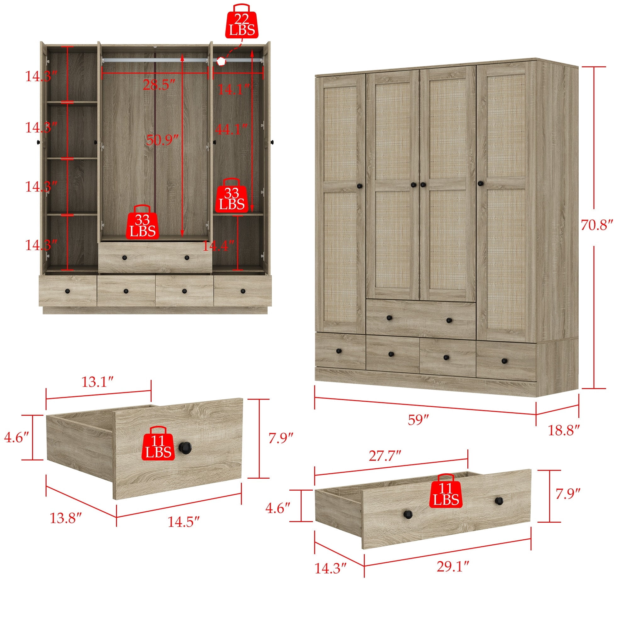 Kerrogee Modern 4-Door Wood Bedroom Armoire in White Closet Cabinet Wardrobe Wood-70.5"x59.1"
